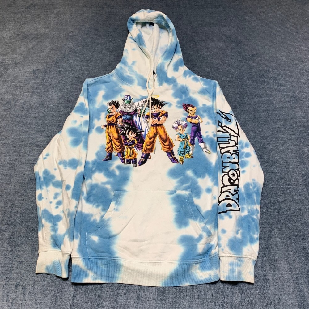 Dragon Ball Z Hoodie Mens Small Blue White Cotton Tie Dye Fleece Lined Graphic